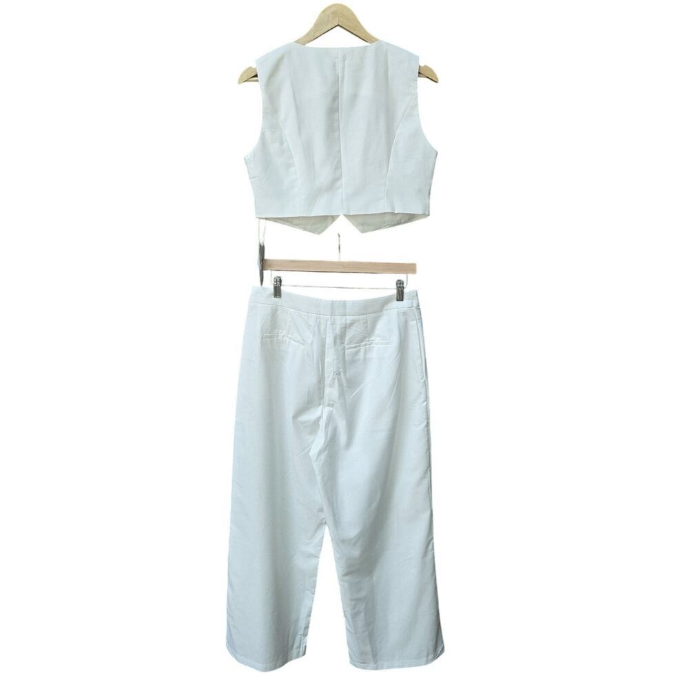 NWT Commense Womens 2-Piece Set L White Vest & Wide-Leg Pants Asymmetrical Front - Picture 5 of 12